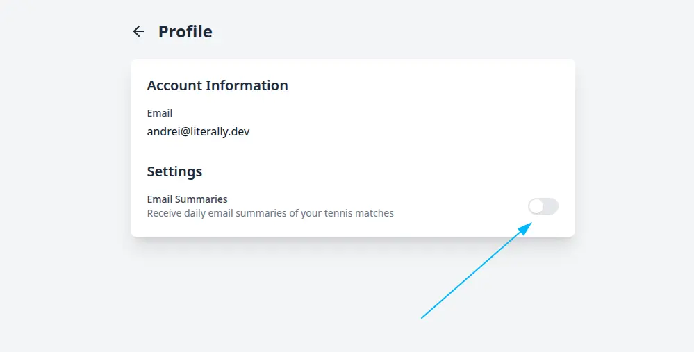 Profile settings page with email summary toggle